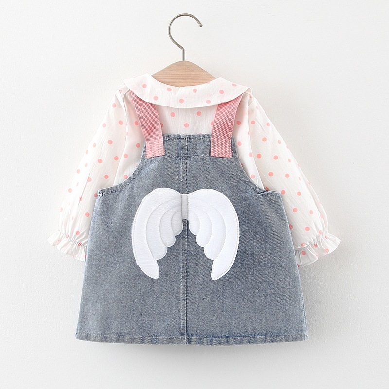 HYLKIDHUOSE 2020 Autumn Girls Clothing Sets Infant Long-sleeved Shirt Angel Wings Denim Dress Infant Costume Child Baby ClothesX1019