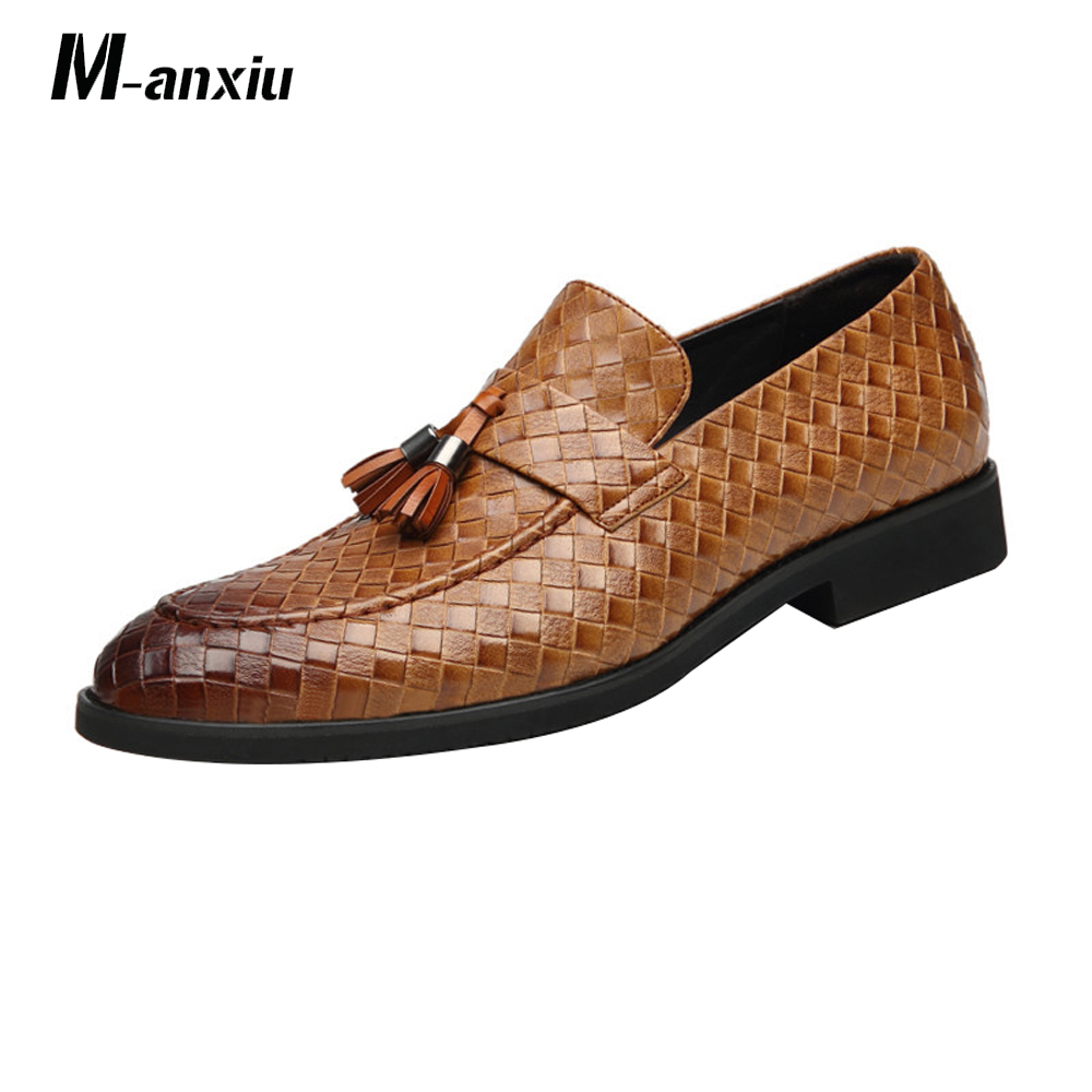 M-anxiu Tassel Braided Pattern Leather Shoes Slip-on Casual Loafers Men's Business Shoes Formal Dress Shoes Hot Y200420