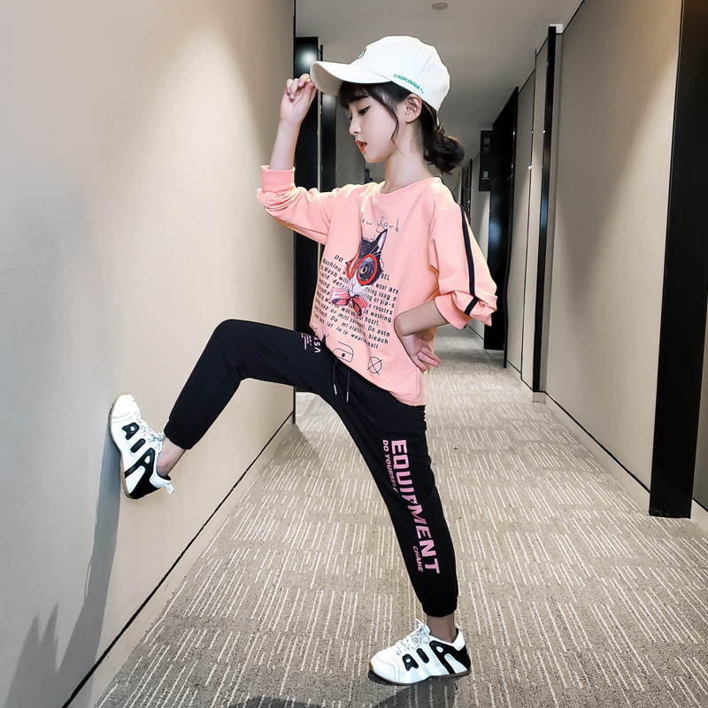 13 14 Year Cute Girl Pink Cartoon O-neck Clothes Suit 2020 New Autumn Fashion Sports Two Piece Sets Little Girl Boutique ClothesX1019