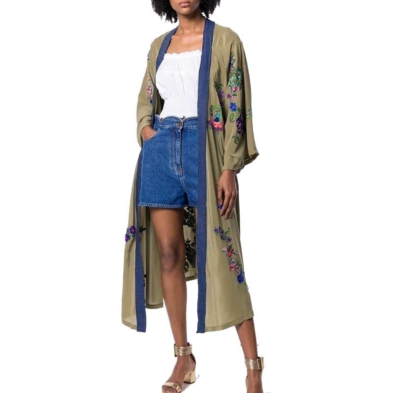 Embroidered Kimono Kaftan Open Front Tie Waist Trench Women Beach Top Contrast Binding Summer Long Trench Coats Outwear 201102
