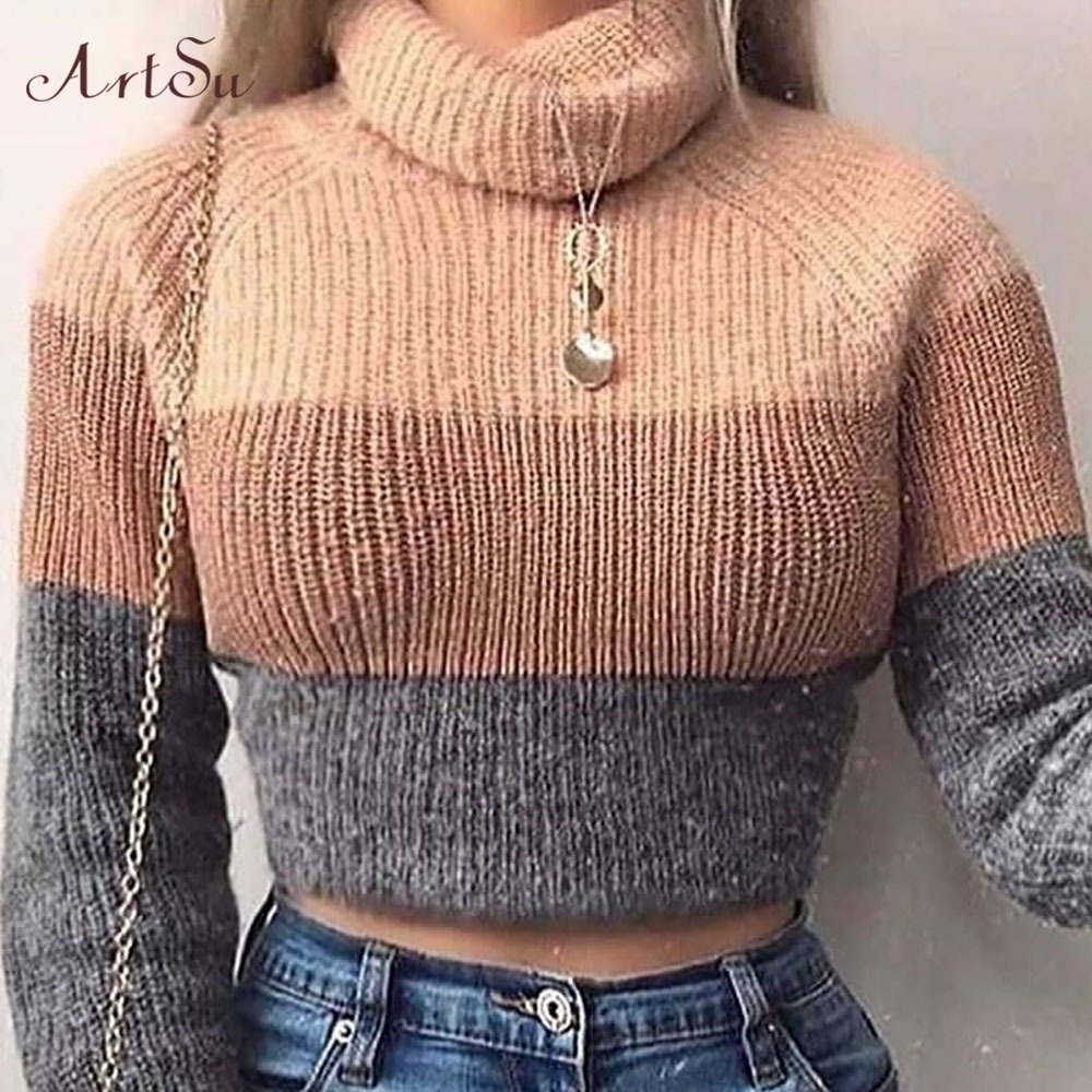 ArtSu Women's Turtlenecks Sweaters Striped Long Sleeve Knitted Pullovers Females Jumpers Cropped Sweater Fall 201111