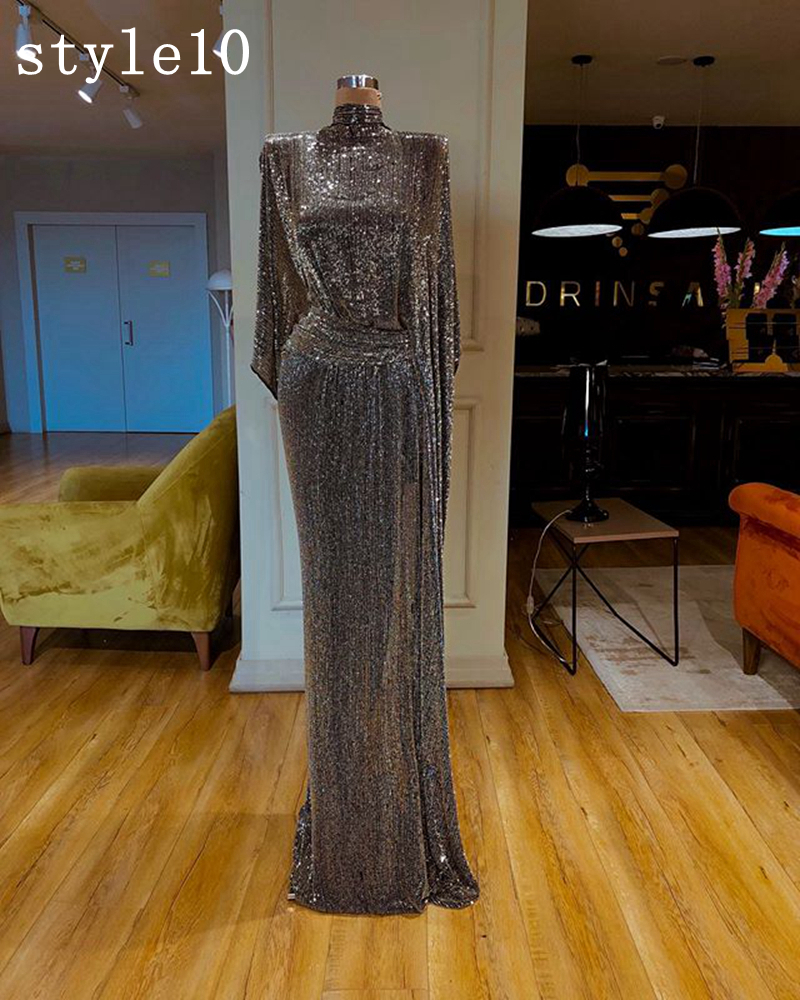 Dubai Gray Sequin One Shoulder Mermaid Evening Dress Long Sleeve High Slit African Prom Dresses High Neck Arabic Formal Gowns T200604
