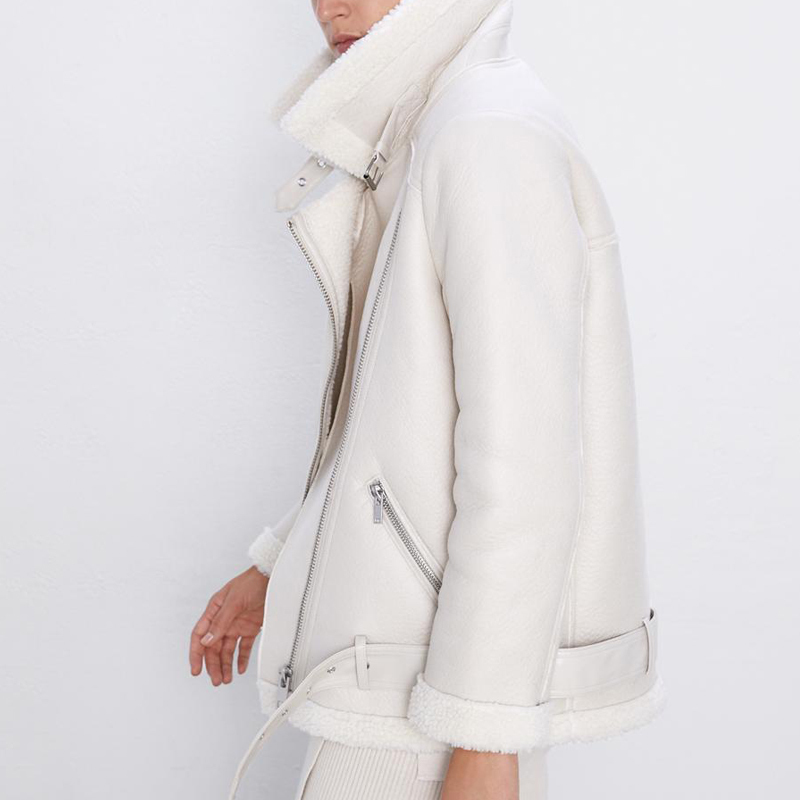 Ly Varey Lin Winter Faux Lamb Leather Jacket Women Faux Leather Lambs Wool Fur Collar Pu Moto Zipper Jacket Warm Thick Outerwear 201020
