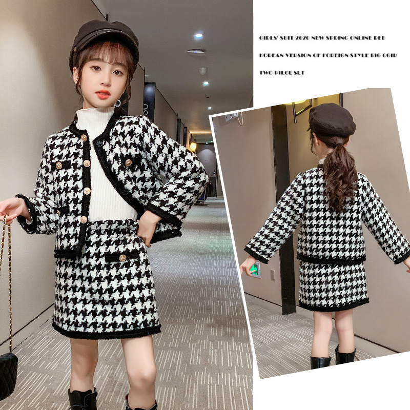 Children Winter Baby Girl Clothes Woolen Skirt Set Thicken Cardigan Plaid Coat+Skirts Two Piece Girls Outfits Fashion Kids SuitX1019
