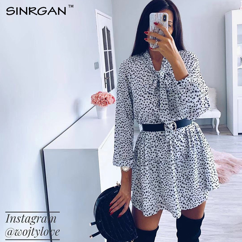 SINRGAN V Neck Sexy Star Print White Mini Dress Vintage Long Sleeve Inner Wear Dress Women Autumn Streetwear T200320