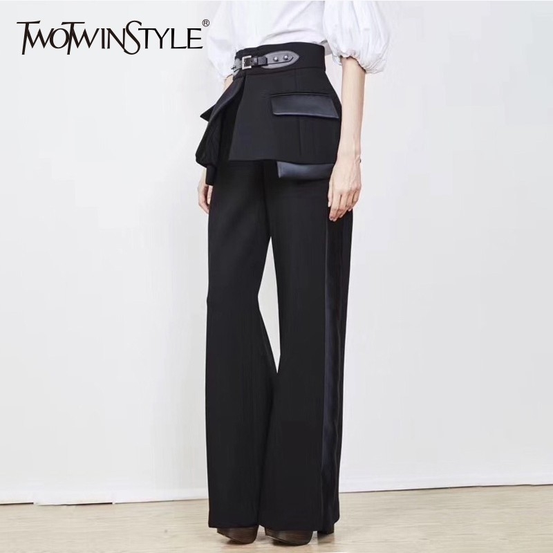 TWOTWINSTYLE High Waist Wide Leg Pants Female with PU Buckle Trumpet Cummerbund Women Fashion Black Trousers Autumn Winter 201228