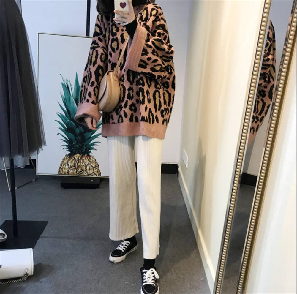 Women Sweater Autumn Winter O-Neck Leopard Print Oversized Sweater Loose Knit Sweater Casual Pullover Plus Size jumper sweter 35 201221