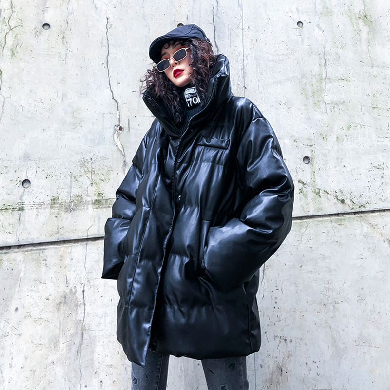EAM Black Pu Leather Big Size Cottonpadded Coat Long Sleeve Loose Fit Women Parkas Fashion Autumn Winter 19Aa6 201017