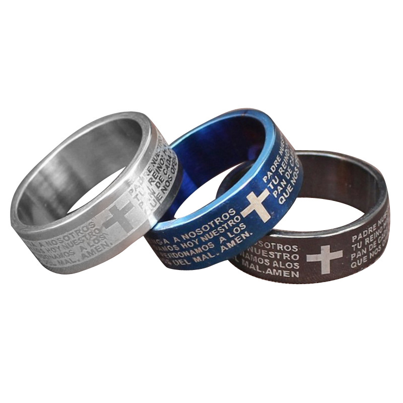 Fashion Stainless Steel Men Ring Scripture Cross Bible Text Jesus Tattoo Christianity Cross Letter Rings Diameter 16-22mm Jewelry Gift