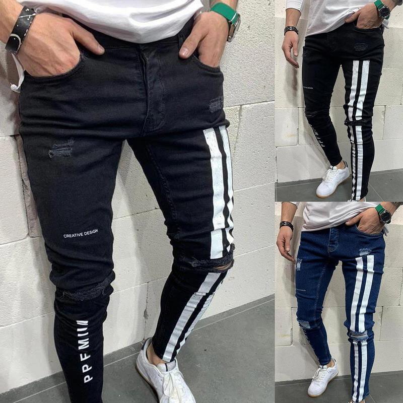Men's Jeans Men Skinny Denim Biker Side Striped Mens Ripped Pants Destroyed Hole Scratched Zipper Slim Fit Jean Trousers