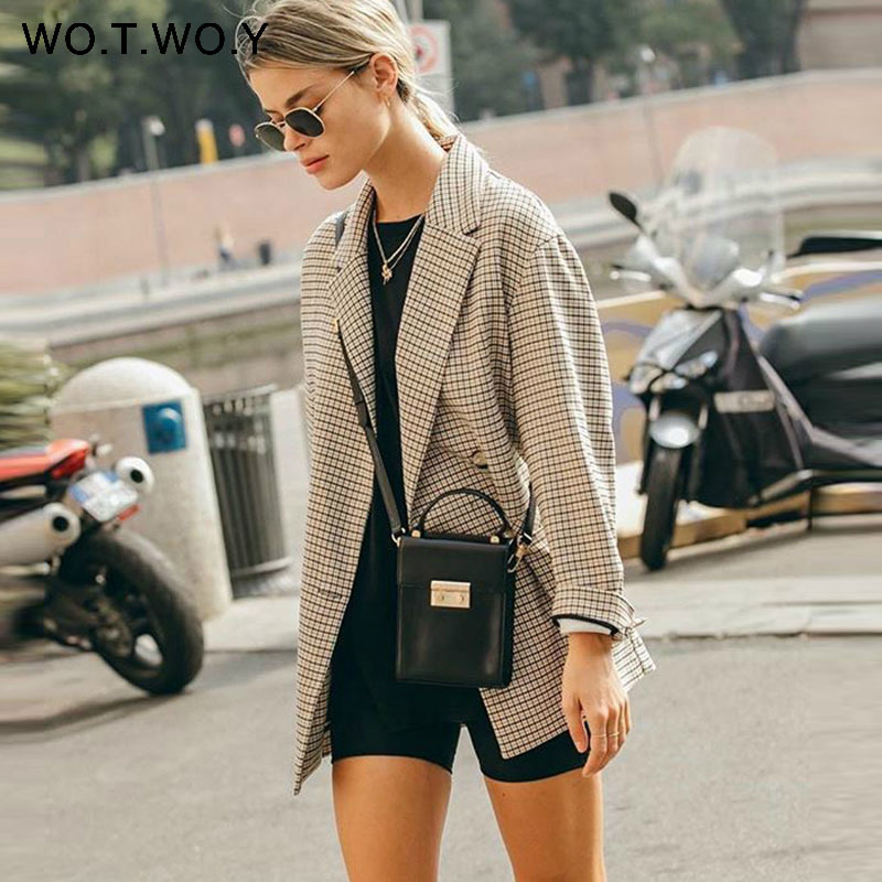 WOTWOY Double Breasted Plaid Blazer Women Khaki Pocket Long Sleeve Office Ladies Blazer Autumn Jacket Female Outerwear Coats T200828