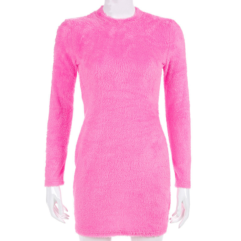 ANJAMANOR Hot Pink Long Sleeve Mini Bodycon Sexy Sweater Dress Winter Pink Fluffy Cute Party Club Wear Casual Vestidos D77-I80 T200707