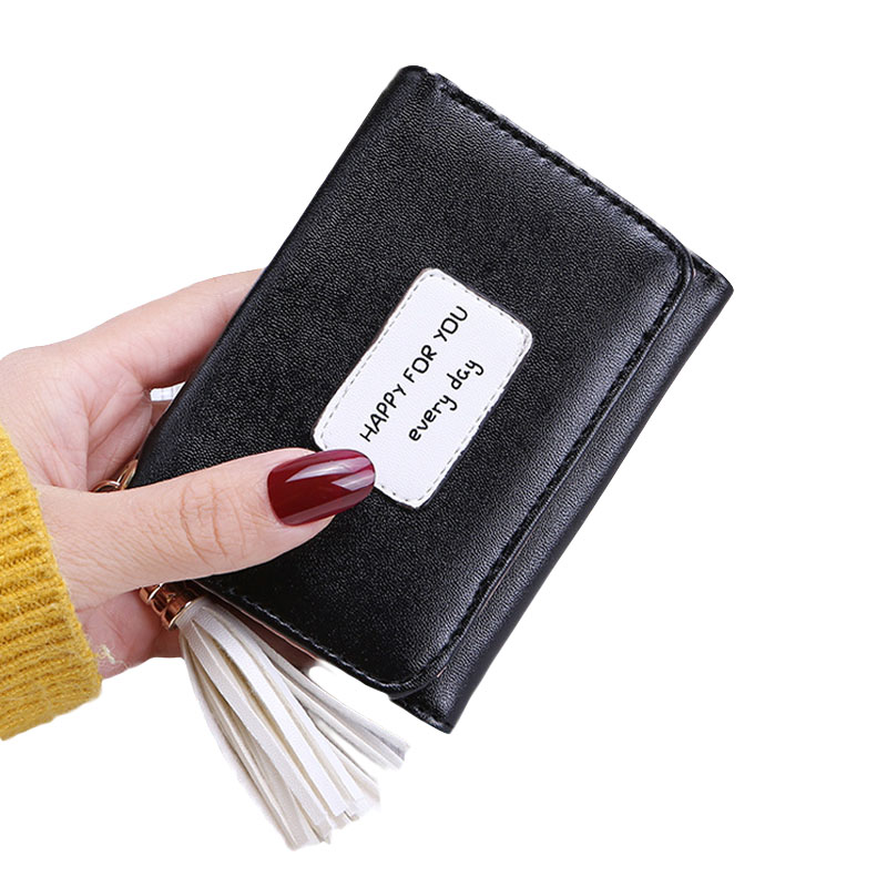New 2021 Ladies Short PU wallet Leather Magnetic Buckle Tassel Three Fold Cute Student Fresh Card Bag Wallet Small Coin Purse