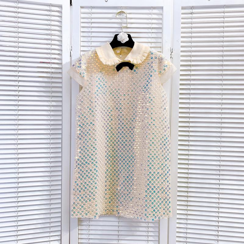 2020 Spring and Summer New Wooden Ear Doll Collar Loose Mid-length Dress Glittering Beaded Short-sleeved Dress Women, White
2020 Spring and Summer New Wooden Ear Doll Collar Loose Mid-length Dress Glittering Beaded Short-sleeved Dress Women, White