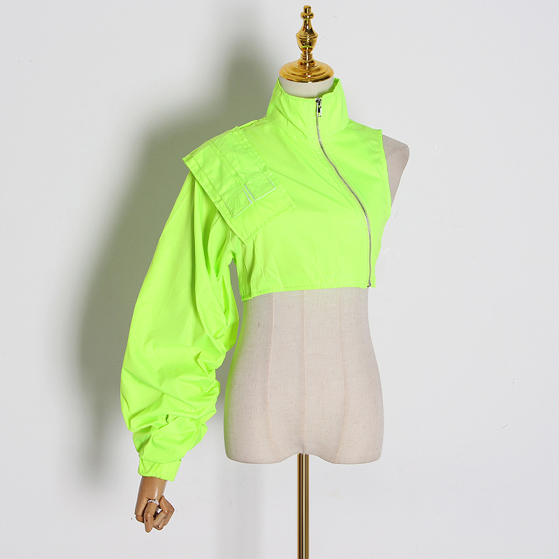 TWOTWINSTYLE Streetwear Short Women's Jacket Stand Collar Lantern Sleeve One Shoulder Asymmetrical Coat Female Fashion New 201023