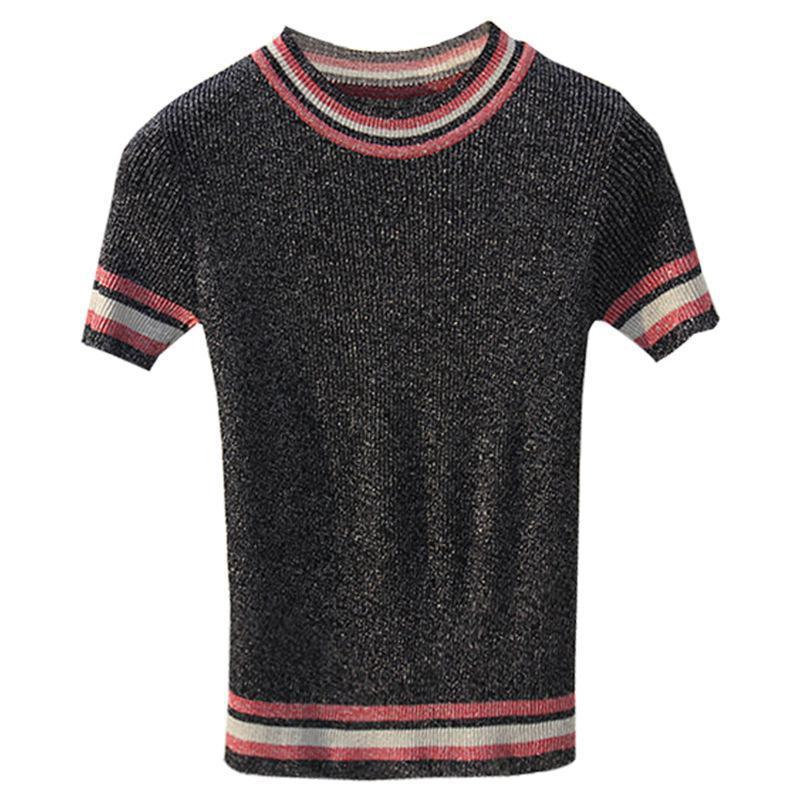Bling Summer Tees For Women Knitted Tops O-neck Short Sleeve Sweaters 2019 Ice Cool Knitting shirts Striped Casual Clothings T200116