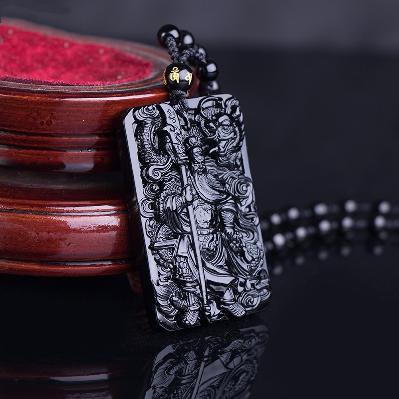 Natural Obsidian Pendant with Beads Chain Dragon Guan Gong Guan Yu Hold Broadsword Knight Pendant Necklace for Men/women Jewelry 201014