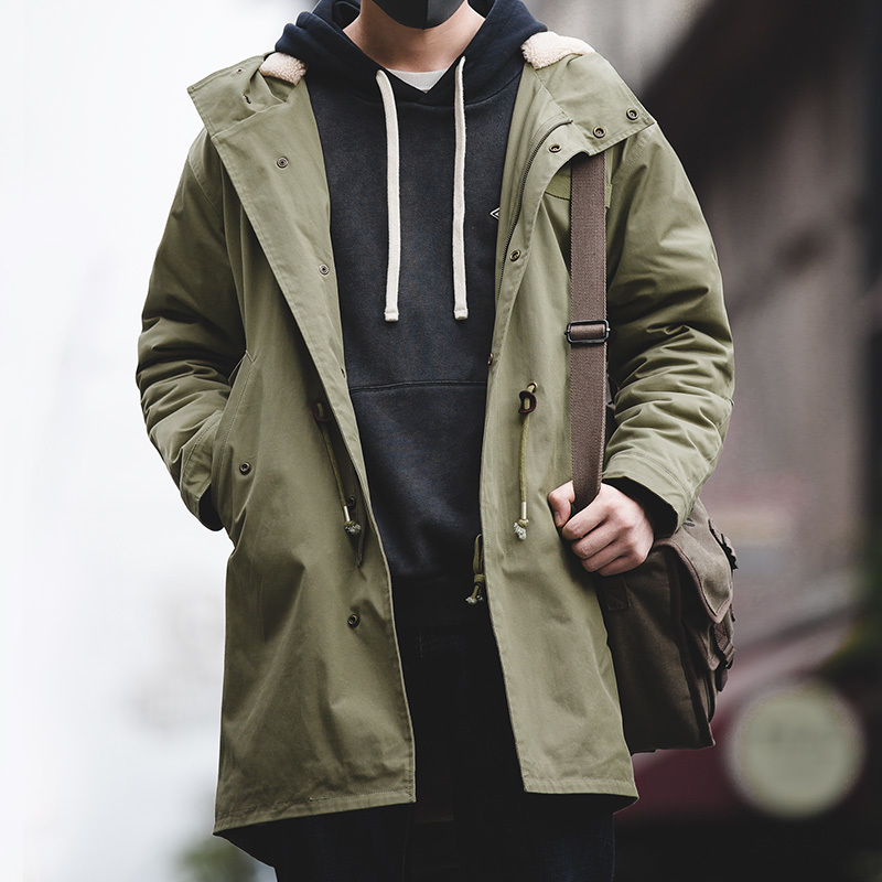Maden men's thick hooded M-51 fishtail cotton coat plus velvet parka coat jacket army green cotton coat windbreaker men 201214