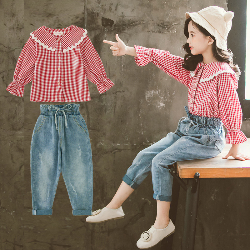 Baby girl clothes set in spring, big kids children's lace plaid shirt jeans set cotton girl clothes girl clothes 2pcs autumnX1019