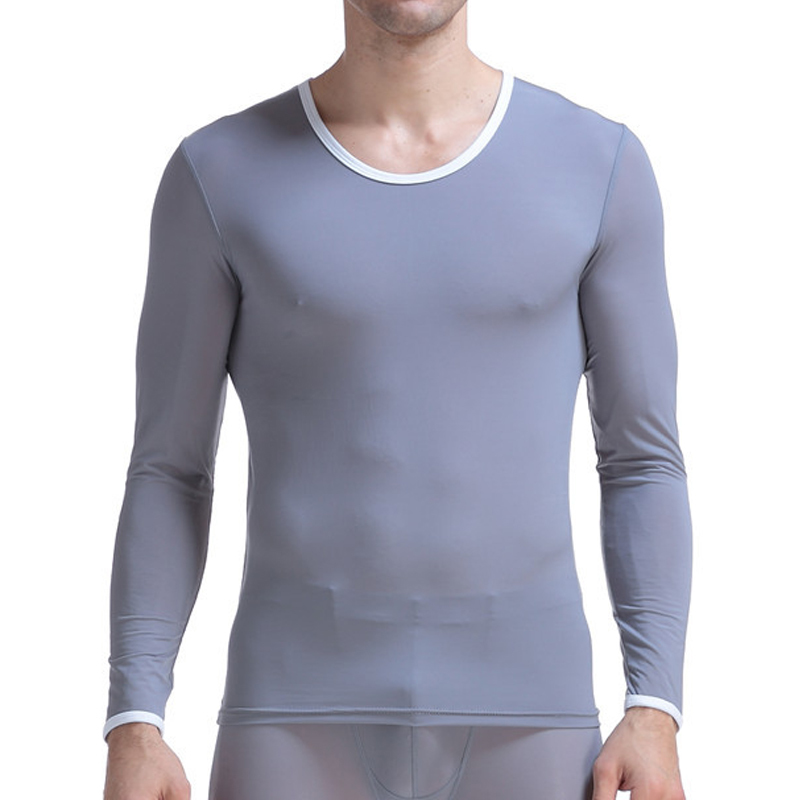 Men's Undershirt Thermal Super Thin Men Ice Silk Underwear Sheer T Shirts Long Johns Male Long Sleeves Tops Tees Breathable 201009