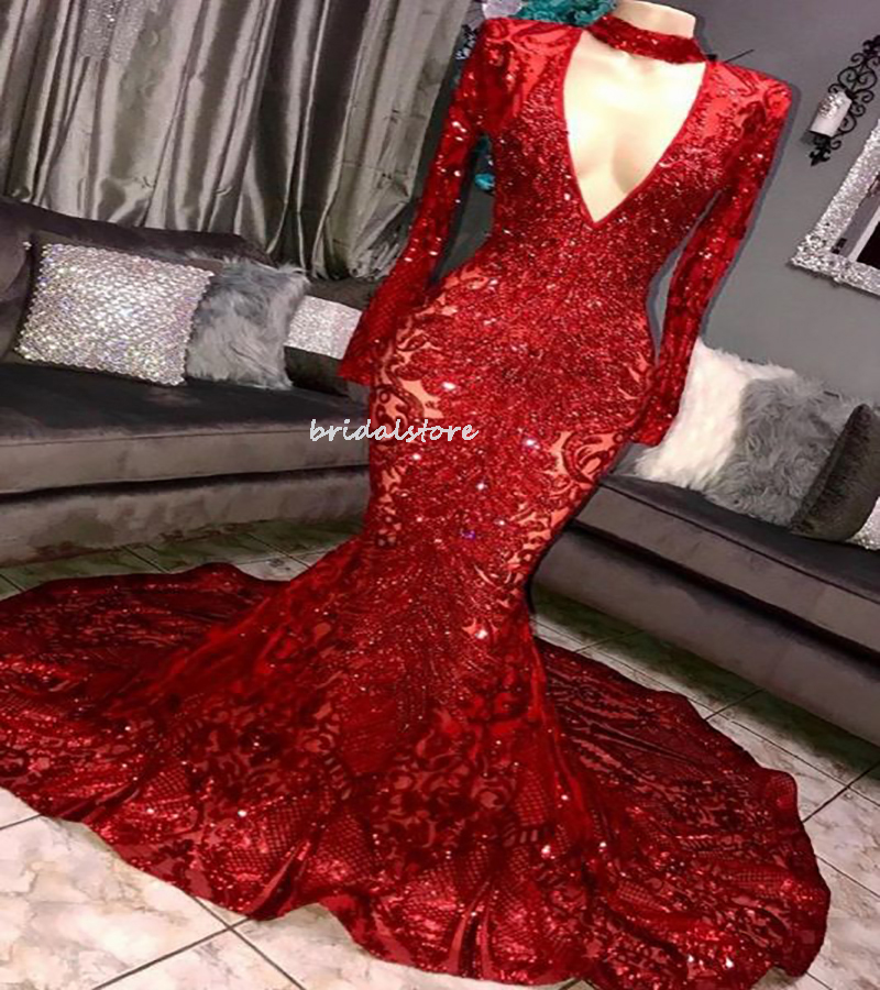 Glitter Red Sequin Mermaid Prom Dresses 2022 For Black Girls V Neck Long Sleeve Plus Size Evening Dress African Nigerian Formal Party Gowns Real Image