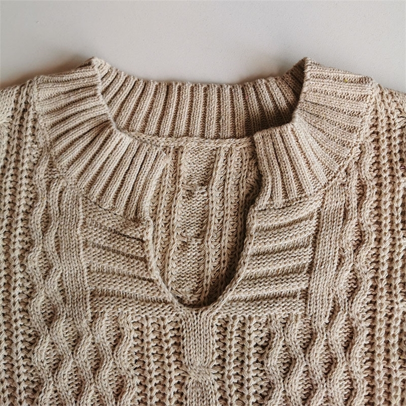 Autumn And Winter Knitted Sweater Twist Pattern Loose Casual Ladies Sweater V-neck Long-sleeved Pullover Lazy Style Sweater Coat 201225