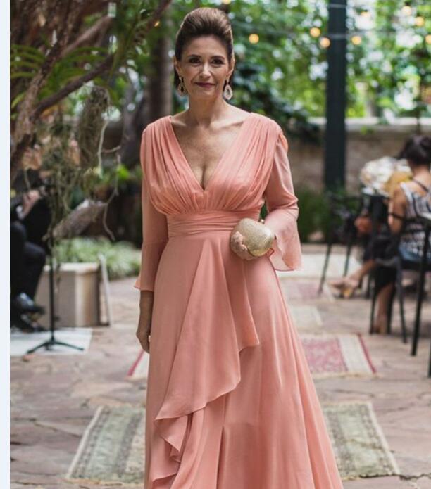 Elegant Chiffon V Neck Mother of the Bride Dresses Long Sleeves Ruffles Ladies Formal Evening Gowns Custom Made