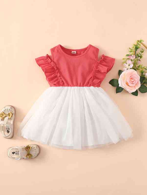 Baby Frill Trim Cold Shoulder Color Block Mesh Overlay Dress SHE