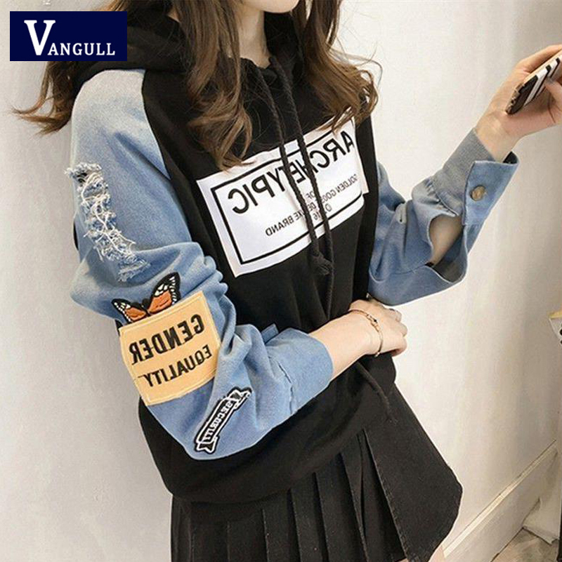 Vangull Harajuku Sweatshirt Women Letter Print Patch Women Hoodies Autumn New Hole Long Sleeve Drawstring Splice Pullovers 201007