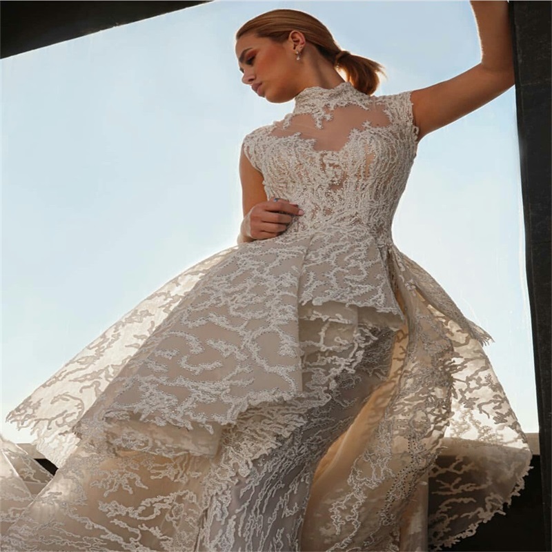 Luxury Wedding Dresses With Detachable Train Sequins High Neck Tiered Appliqued Mermaid Wedding Dress Custom Made Modern Bridal Gowns