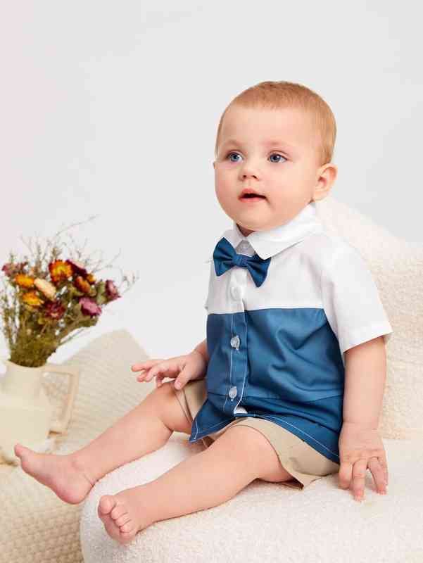 Baby Color Block Bow Front Shirt & Shorts SHE