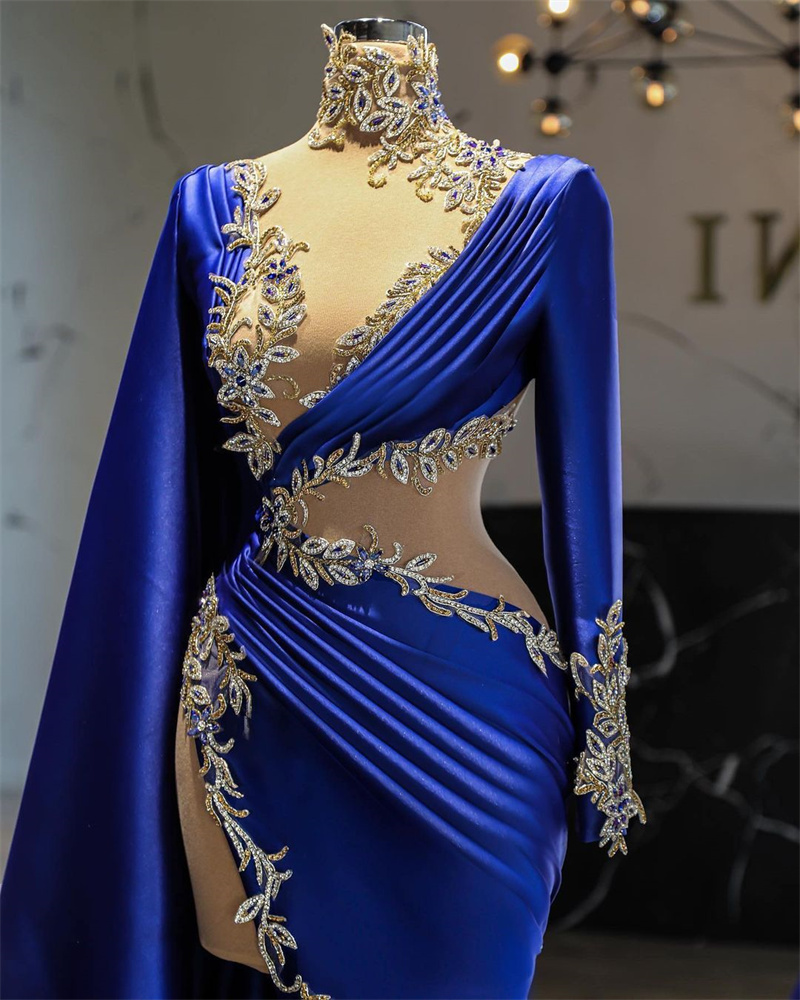 Royal Blue Prom Dresses Lace Appliques With Wrap Evening Dress Custom Made Rhinestone Long Sleeves High Arabic Side Split Celebrity Party Gown
