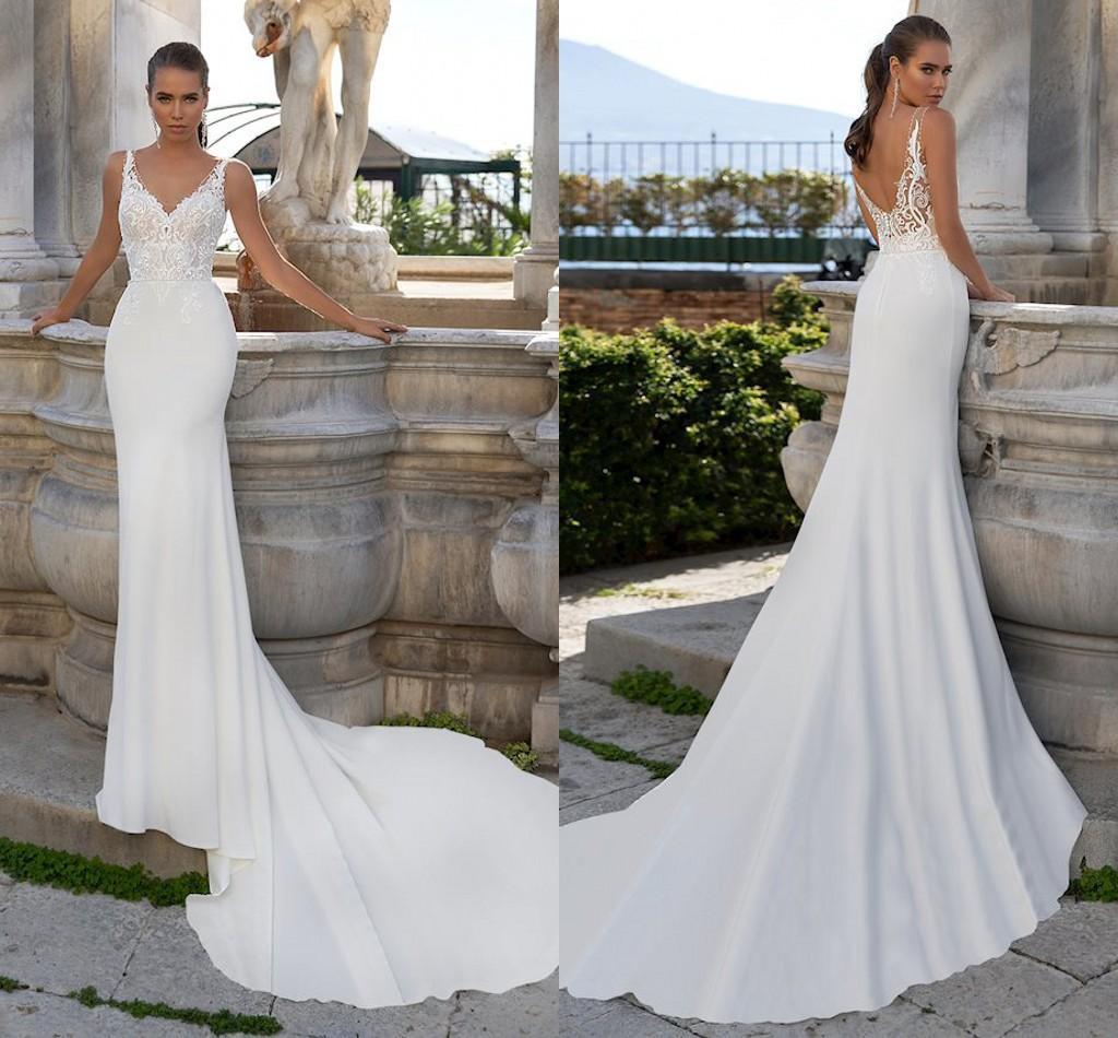 V Lace Sexy Neck Appliqued Mermaid Wedding Dresses For Women Simple Sleeveless Trumpet Long Bridal Gowns Court Train Backless Bride Marriage Robes De 