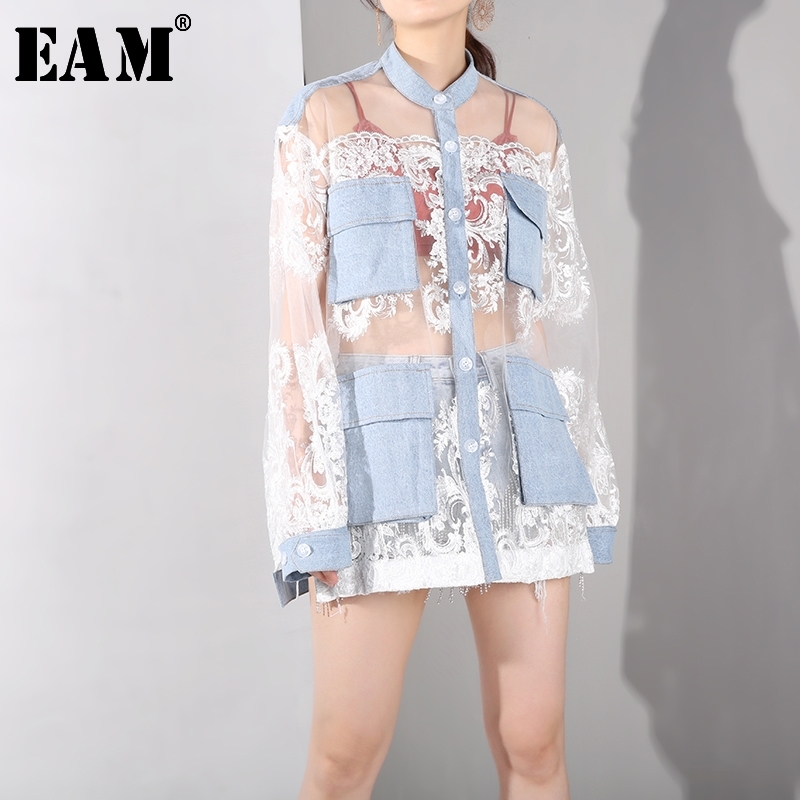 EAM Loose Fit Blue Perspective Denim Big Pocket Jacket Lapel Long Sleeve Women Coat Fashion Spring Autumn JU301 201017