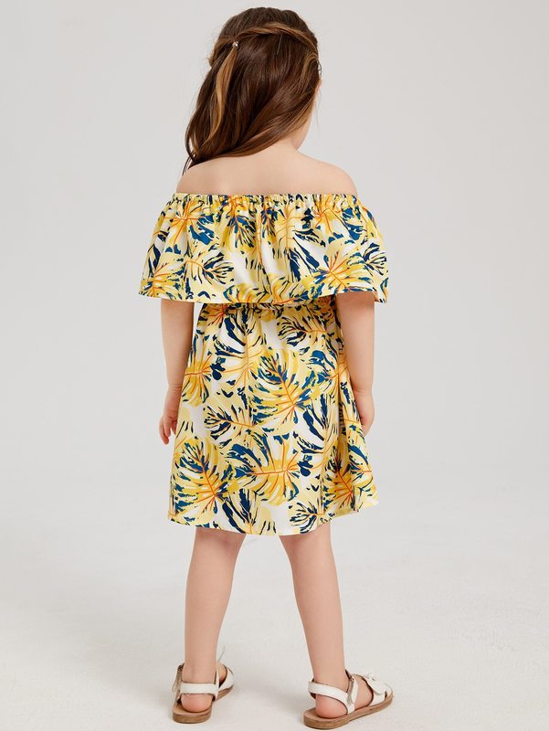 Toddler Girls Tropical Print Off Shoulder Ruffle Trim Dress SHE