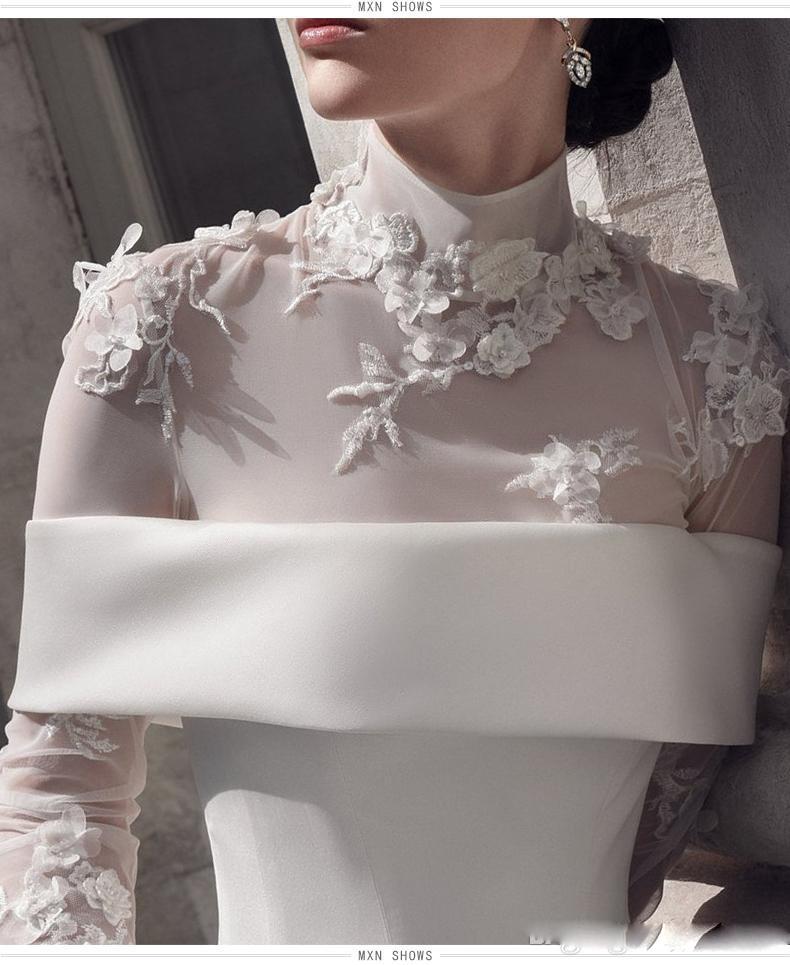 Chic Designer High Neck Wedding Dresses A Line Bridal Gowns 2022 Simple Satin Long Sleeves Bride Dress 3D Floral Appliques Lace Garden Vestidos De Nov