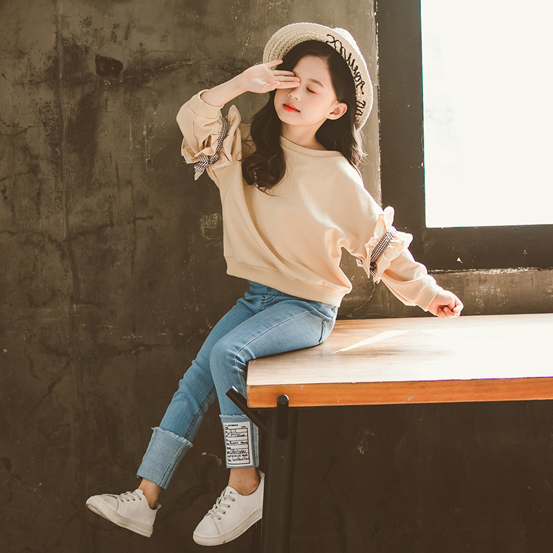 LZH 2020 Autumn Sets For Teenager Girls Lace Sleeve Sweater + Denim Trousers Fashionable Soft Children Wear Clothing Kids SuitsX1019