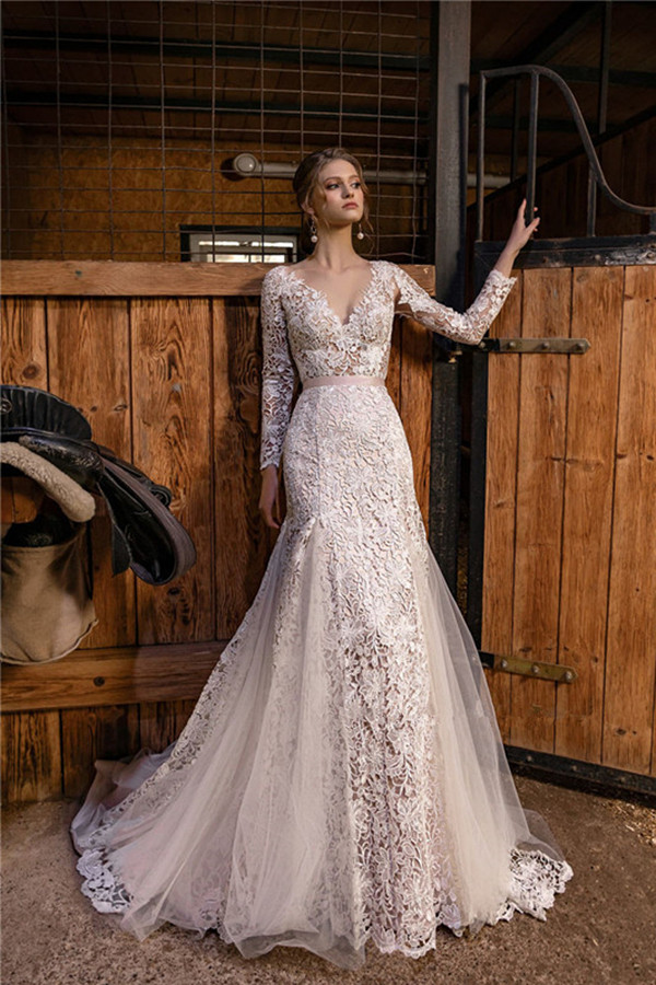 vintage crochet lace mermaid wedding dresses with long sleeve 2021 lace floral vneck open back fishtail bride dress robes