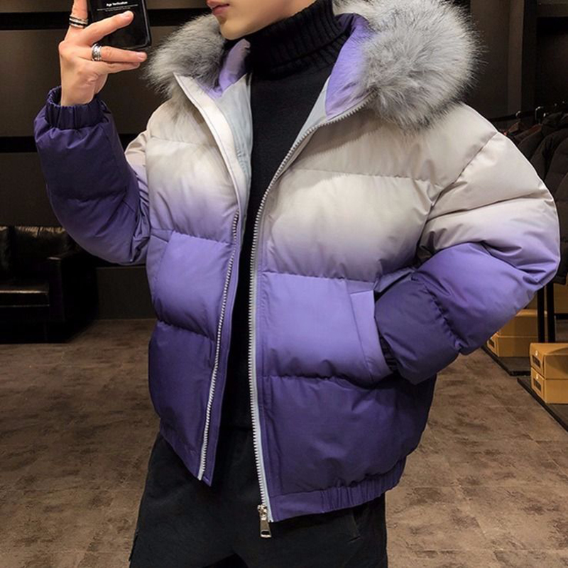 Winter Casual Parka Men Coat With Big Fur Collar Gradient Color Outwear Waterproof Thicken Warm Gradual hooded Outwear Jacket 201127