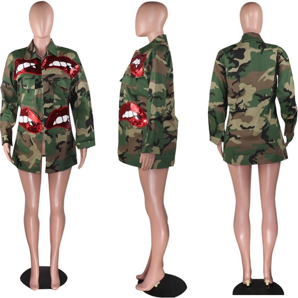S--6XL Newest Styles Autumn Women Camouflage Coats Red Sequins Cute Long Sleeves Big Pockets Fashion Lady Jackets Casual Coats 201023