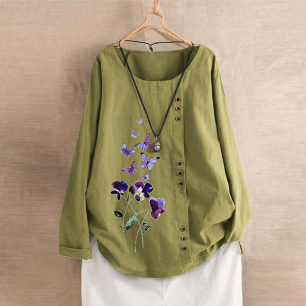 JAYCOSIN 5XL T Shirt Women Long Sleeve Cotton Linen Ladies Tops Kaftan Baggy O-Neck Botton Casual vintage tee shirt femme blusas 201028