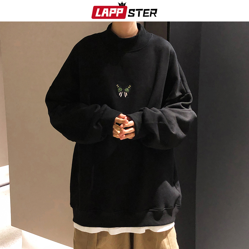 LAPPSTER Oversized Men Butterfly Embroidery Hoodies Pullover Mens Japanese Harajuku Hoodie Male Fleece Black Sweatshirts 201113