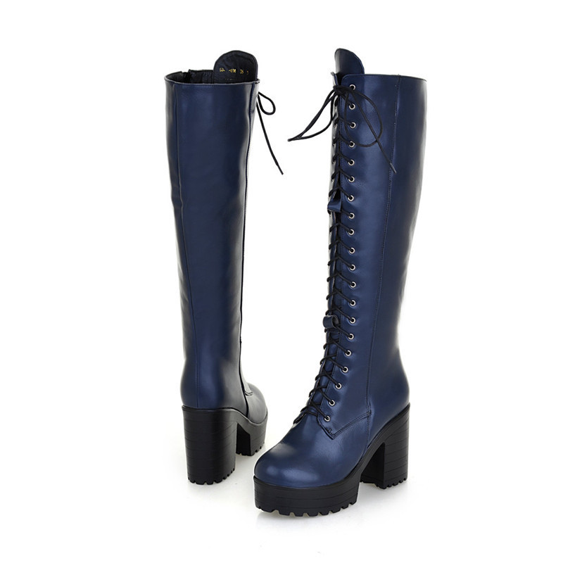 ASUMER new big size knee high boots women square high heels platform ladies boots lace up autumn winter boots female 201110