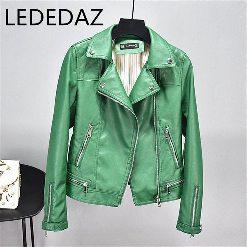Autumn Winter Short Green Black Faux Leather Jackets Basic Coat Fashion Rivet Zipper Moto Biker Jacket Punk Outerwear 201020