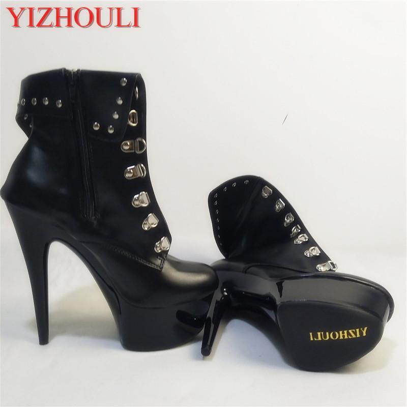 

6 inch high heel women motorcycle boots fashion clubbing high heels 15cm strappy platform party dress ankle boots1, Black
