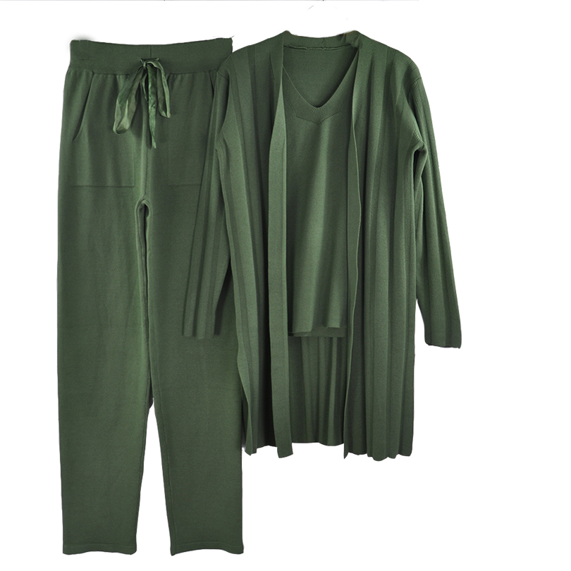 MVIRLRU Autumn Women Knitted SuitsSolid Long Cardigans and Vest Pullover Tops and Trouser 3 Piece Set 201119