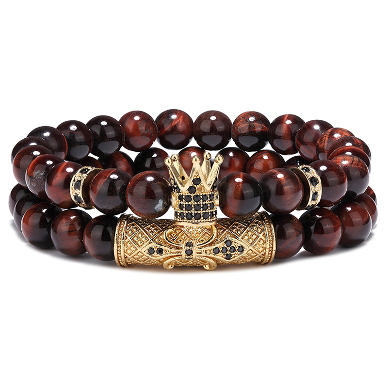 Cool Men Style 8MM Red Tiger Eye Beads Strands Micro Pave Crown Charm Bracelet for Gift 2pcs/set