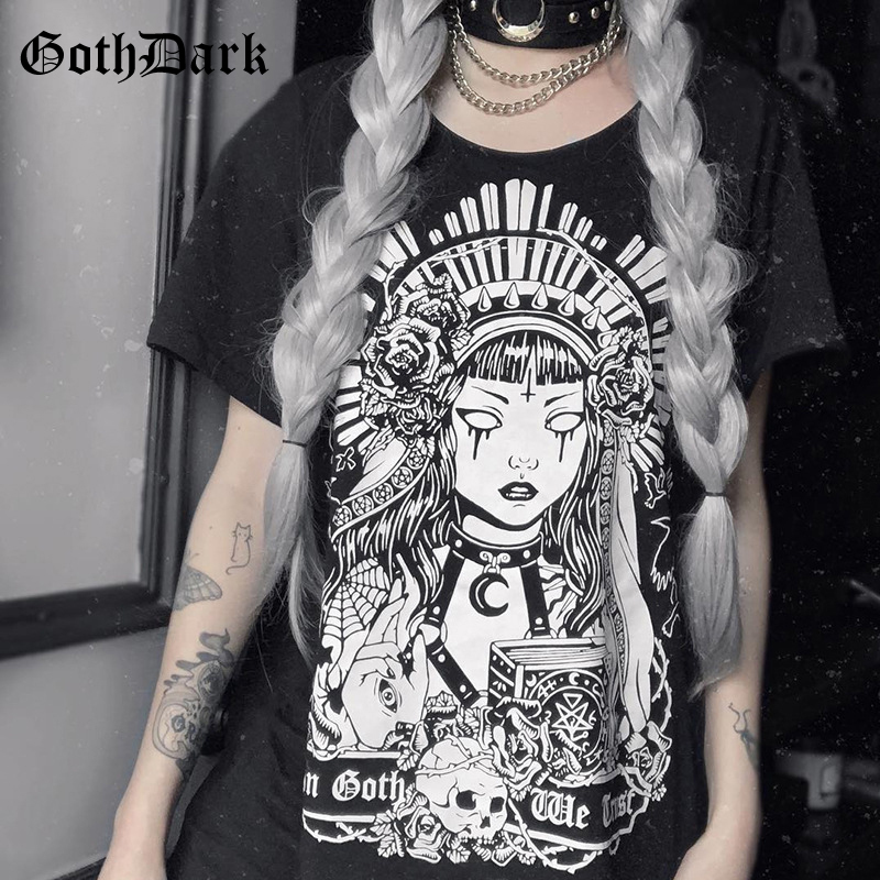 Goth Dark Grunge Black Print T-shirts Gothic Loose Punk Harajuku Streetwear Summer 2019 T-shirt Female Fashion Aesthetic T shirt T200107