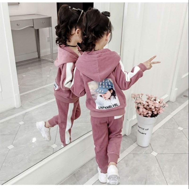 Girls Children Spring Fall Winter New 2020 Warm Girls Clothing Set 2 Pcs Little Kids Cartoon Clothes Velour Tops + Pants SuitX1019