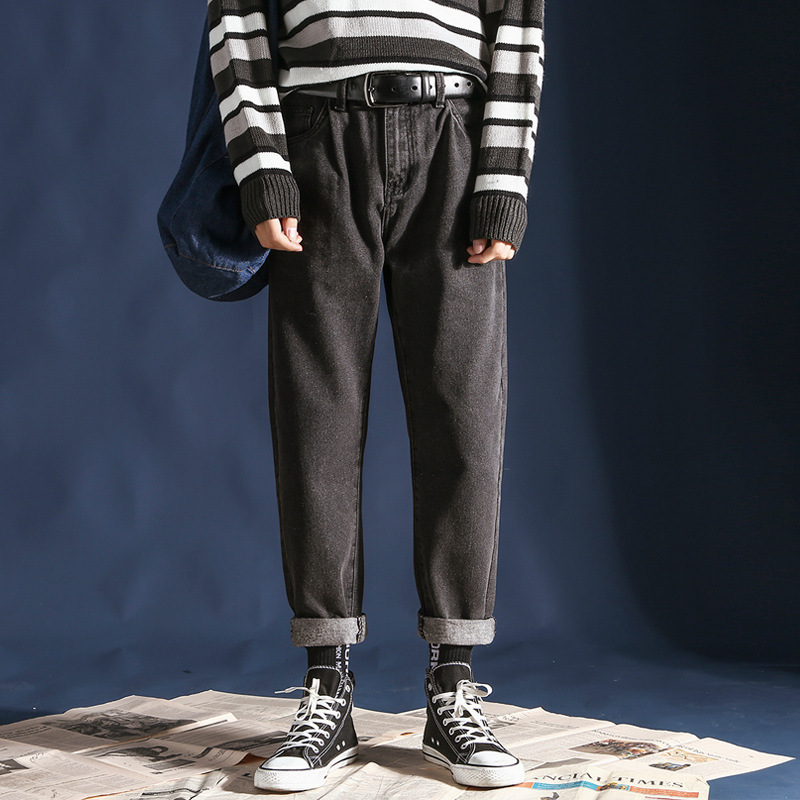 Spring Summer Fashion harem black denim pants men's Korean straight jeans men's loose wide leg casual cropped pants homme 201111